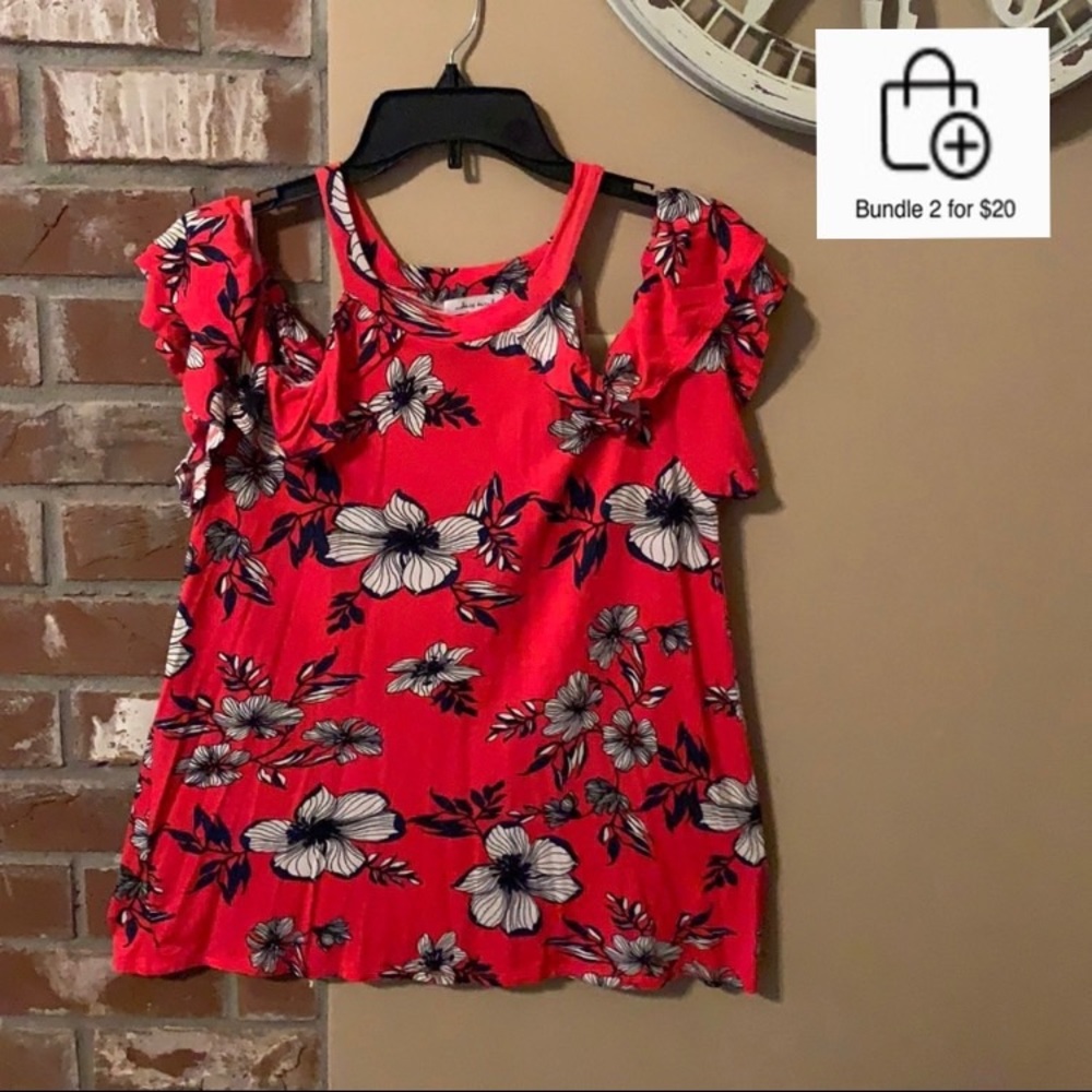 White Birch red floral cold shoulder top Medium